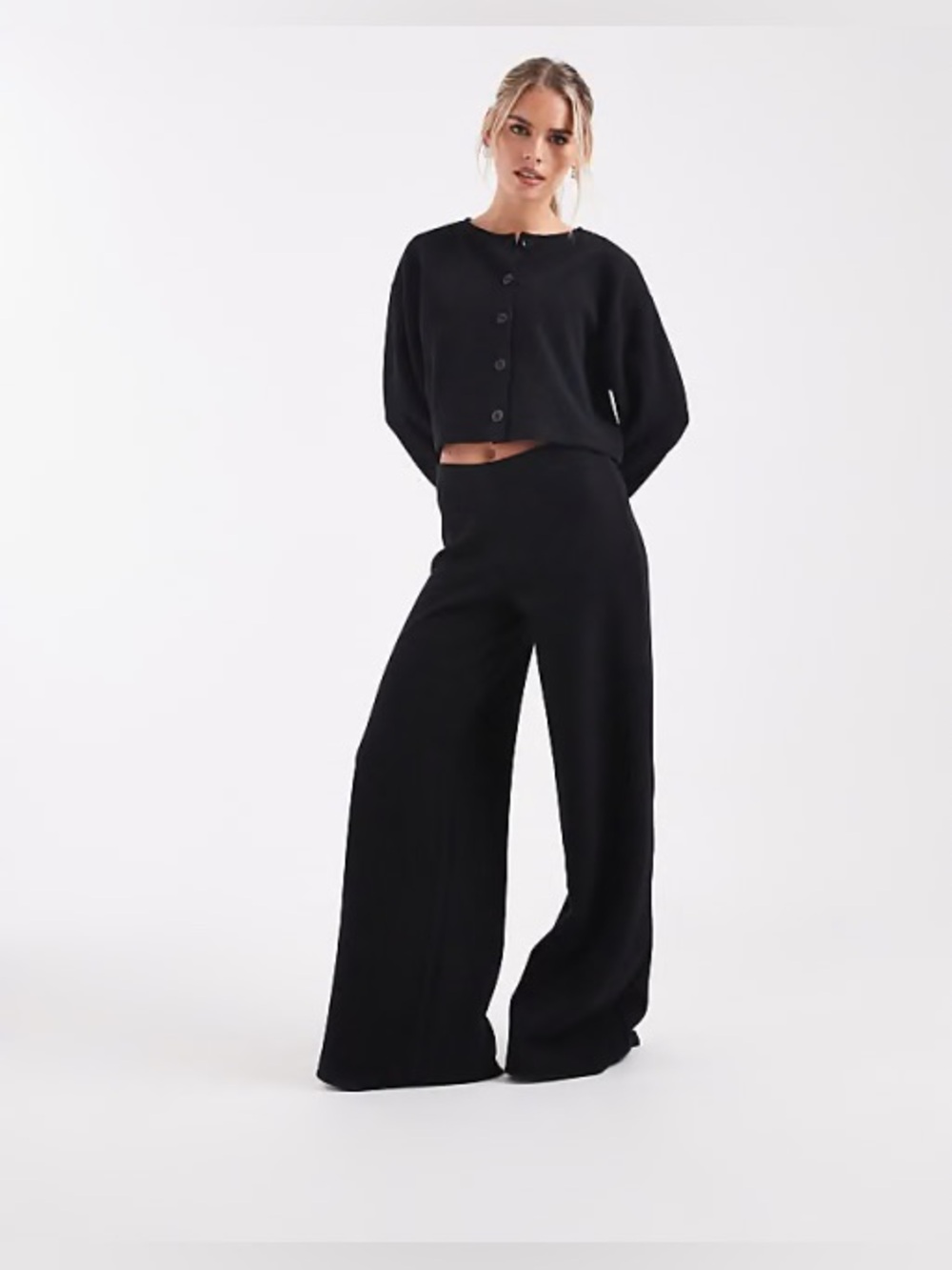 Zara Black Ribbed Knit Matching Set Cardigan & Wide Leg Pants Women’s S/M